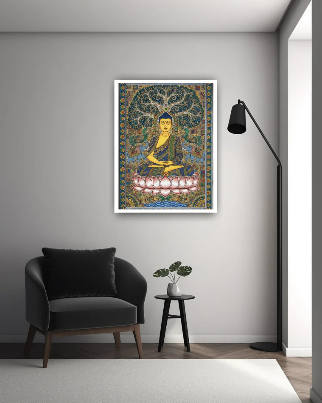 Framed artwork of a seated figure in a room with a chair and lamp.