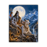 A vertical art print depicting Lord Shiva sitting with a white cow, set against a dramatic night sky with a large full moon, snow-capped mountains, and a lake with glowing candles. The print is shown centered on a clean white background.