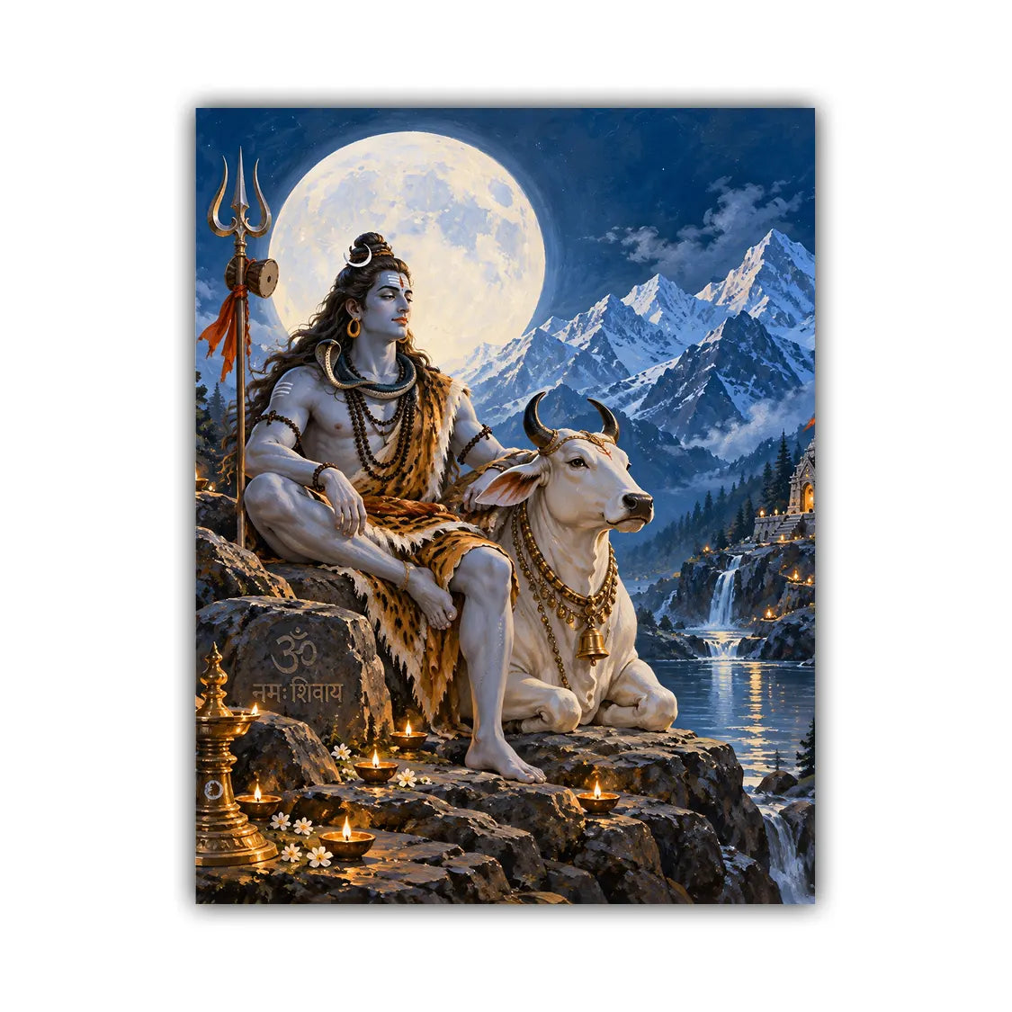 A vertical art print depicting Lord Shiva sitting with a white cow, set against a dramatic night sky with a large full moon, snow-capped mountains, and a lake with glowing candles. The print is shown centered on a clean white background.