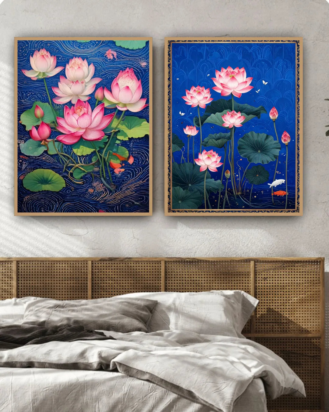 Two framed paintings of pink lotus flowers on a wall above a bed.