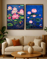 Two framed lotus flower paintings above a beige sofa in a living room.