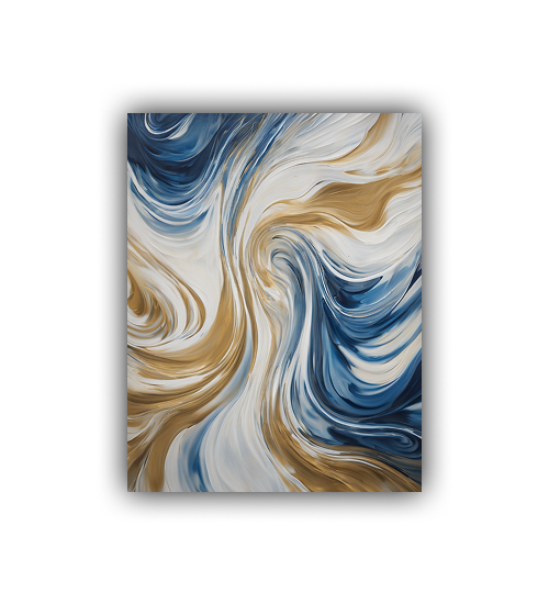 Luxury blue and gold fluid abstract canvas framed on a grey textured wall for home décor.