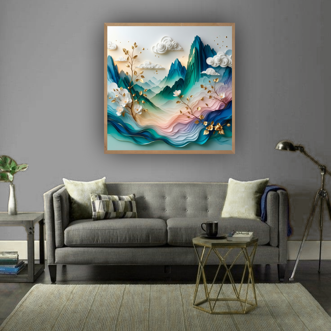 Abstract mountain landscape canvas displayed in a stylish modern living room.