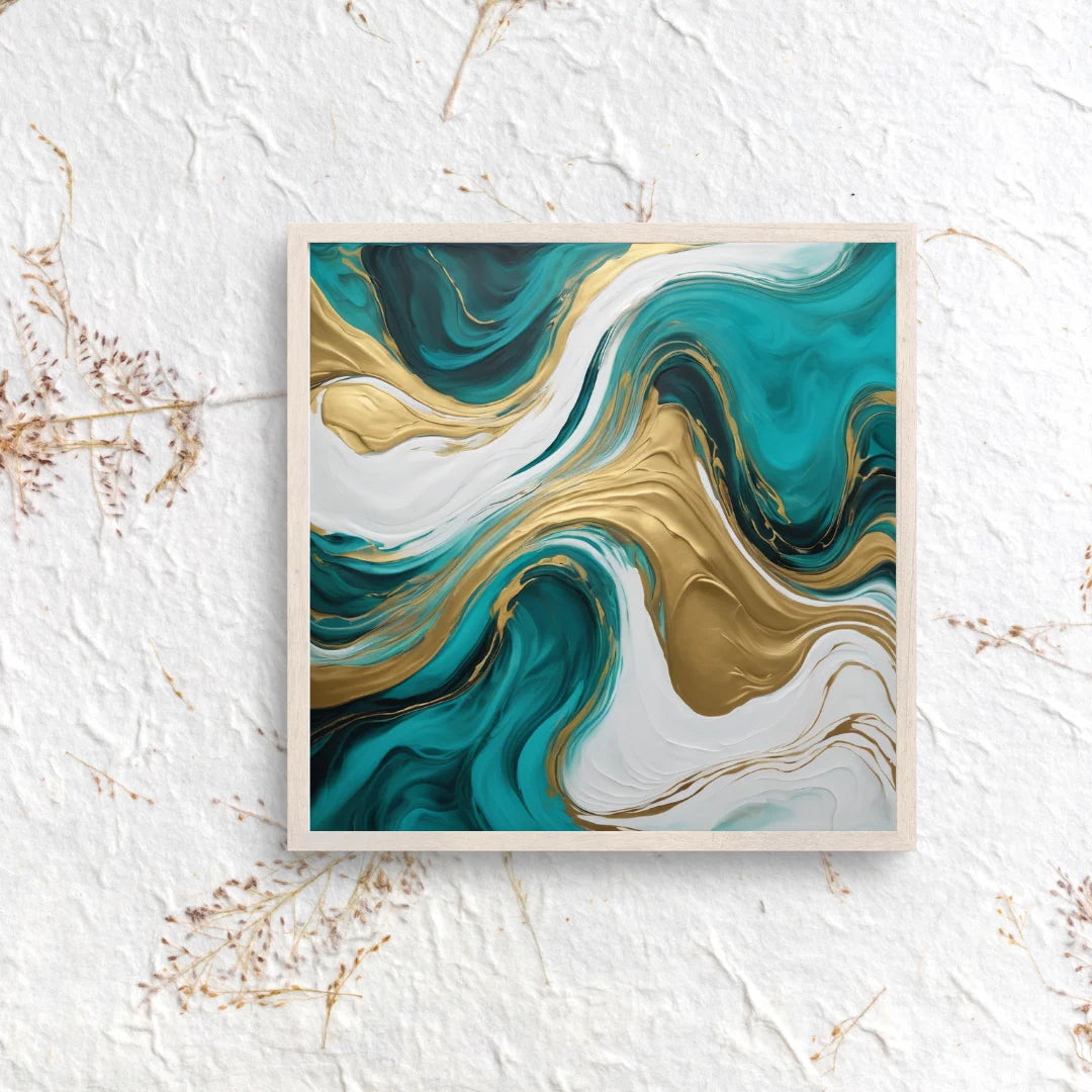Luxury teal and gold fluid abstract canvas artwork against a white marble wall background.