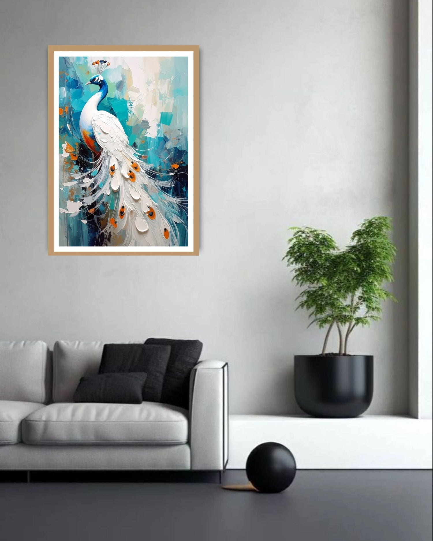 Peacock artwork canvas in modern beige living room aesthetic decor
