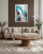 Elegant peacock wall painting canvas in stylish green living room interior