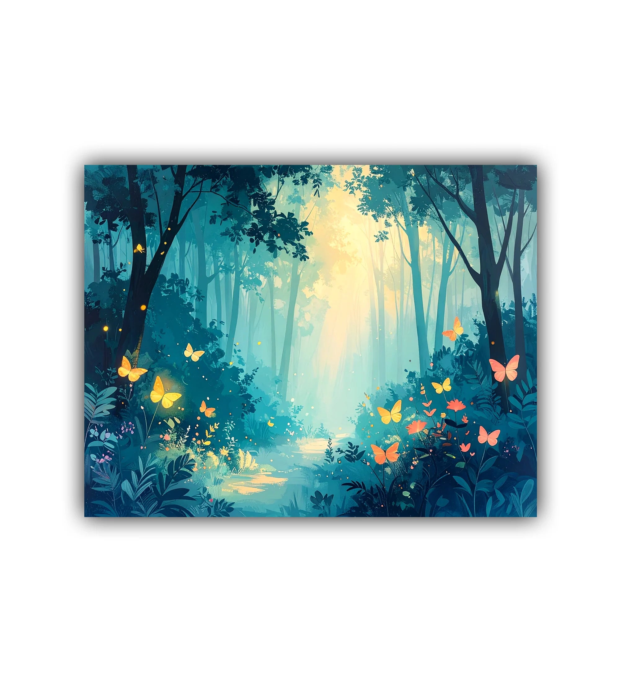 Magical forest art featuring glowing butterflies, fireflies, and bright sunlight filtering through teal trees.