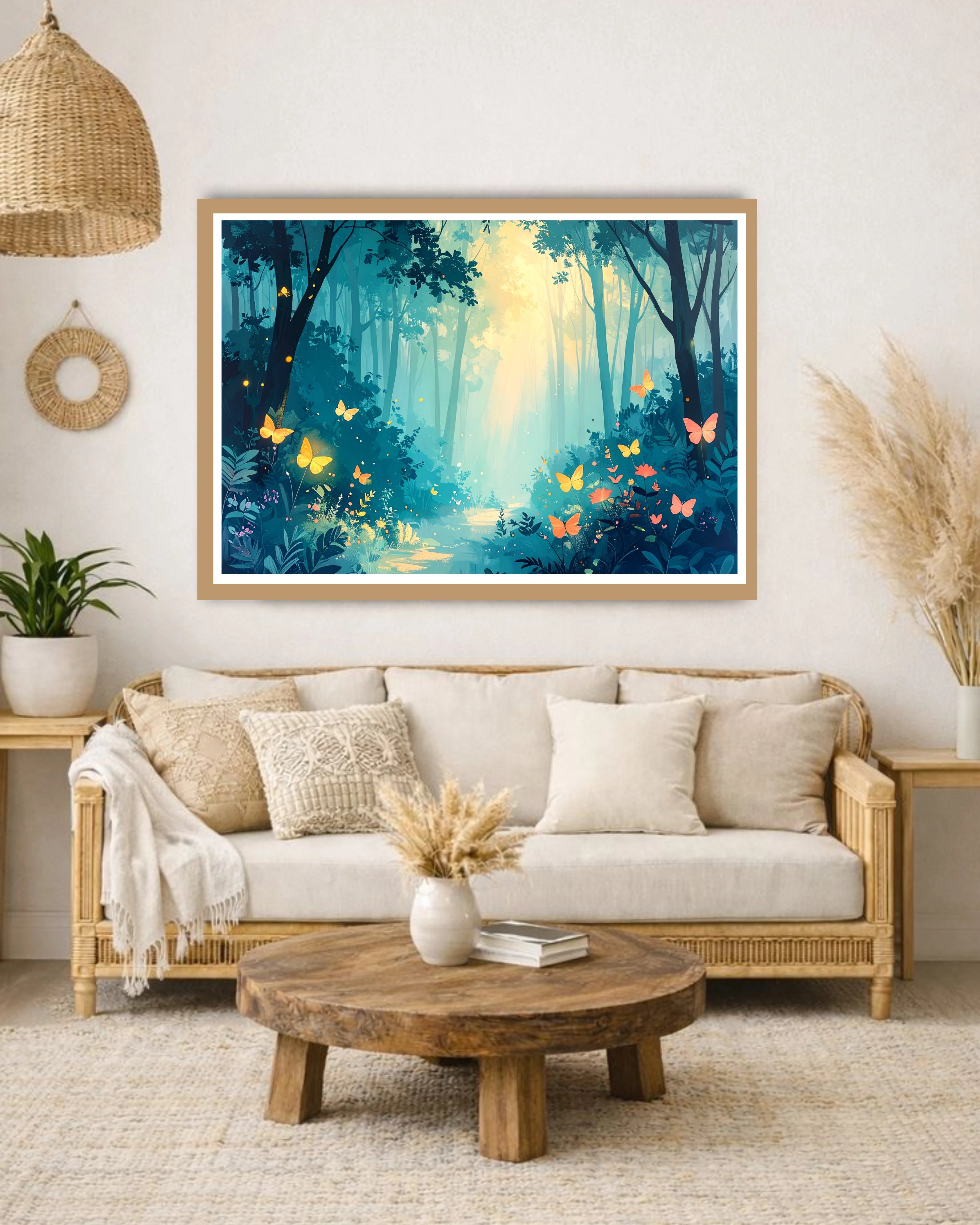 Magical forest art print featuring glowing butterflies, fireflies, and bright sunlight filtering through teal trees.