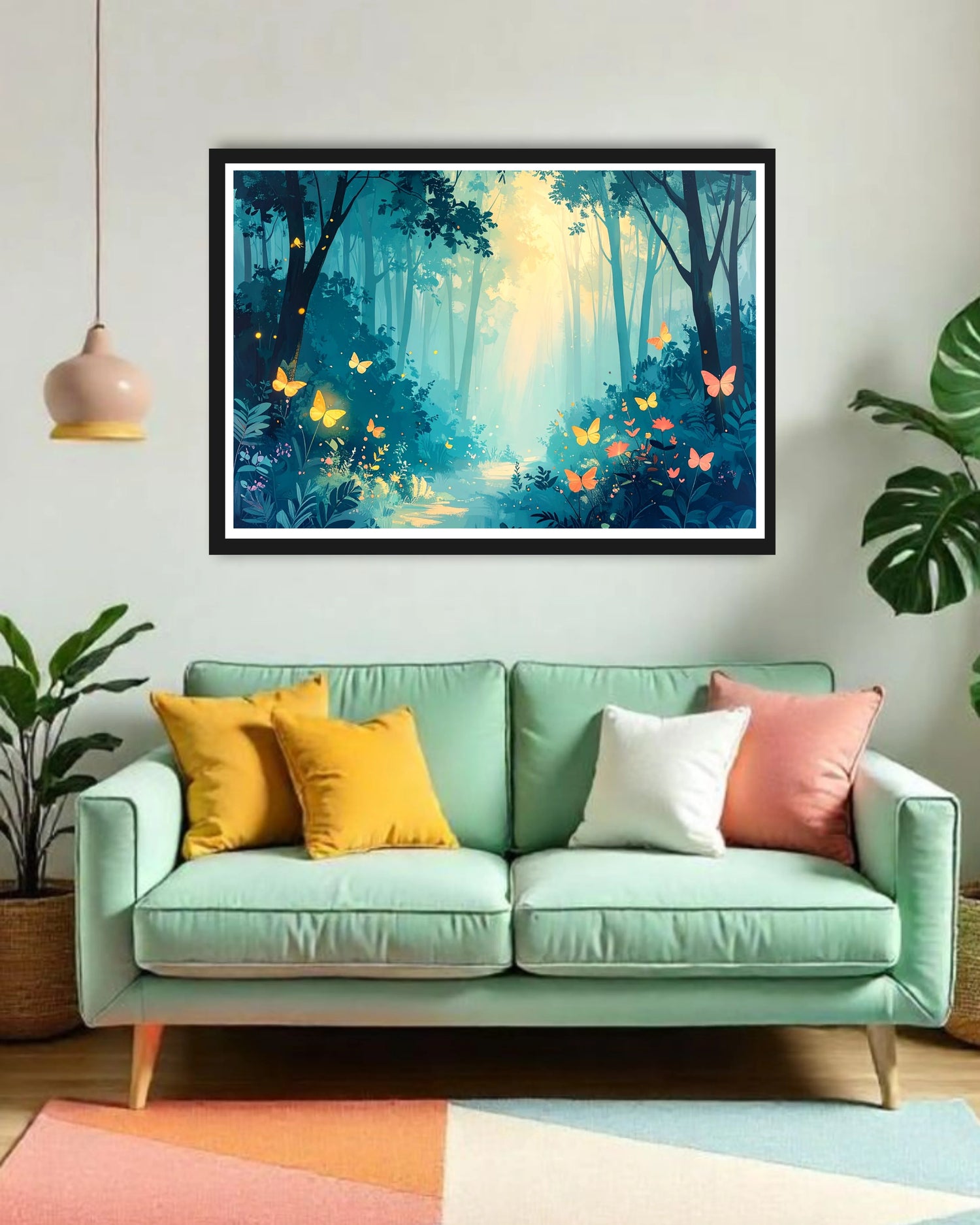 Magical forest art print featuring glowing butterflies, fireflies, and bright sunlight filtering through teal trees.