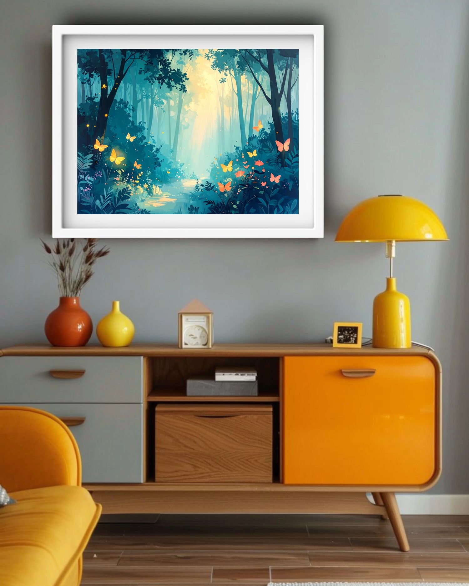 Magical forest art print featuring glowing butterflies, fireflies, and bright sunlight filtering through teal trees.