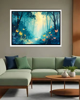 Magical forest art print featuring glowing butterflies, fireflies, and bright sunlight filtering through teal trees.