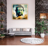 Buddha canvas art showcased in a bright living space with neutral furniture and décor.