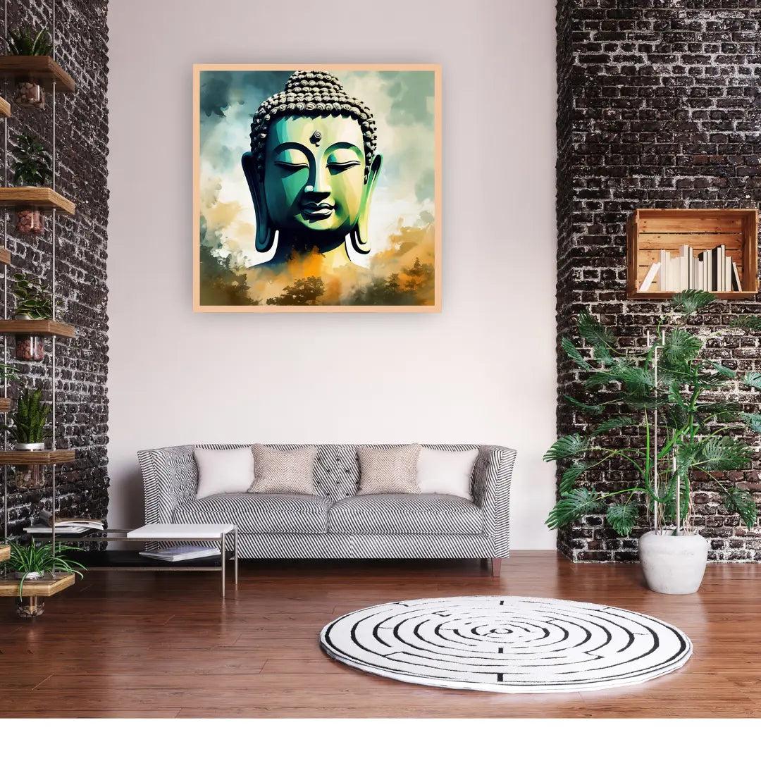Buddha canvas art showcased in a bright living space with neutral furniture and décor.