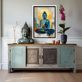 Meditation figure wall art canvas above console table