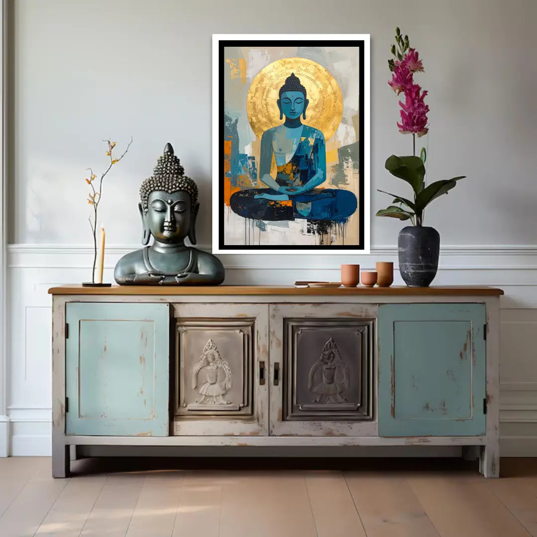 Meditation figure wall art canvas above console table