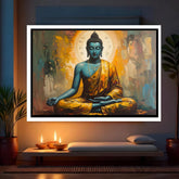 Meditation figure wall art canvas above sofa