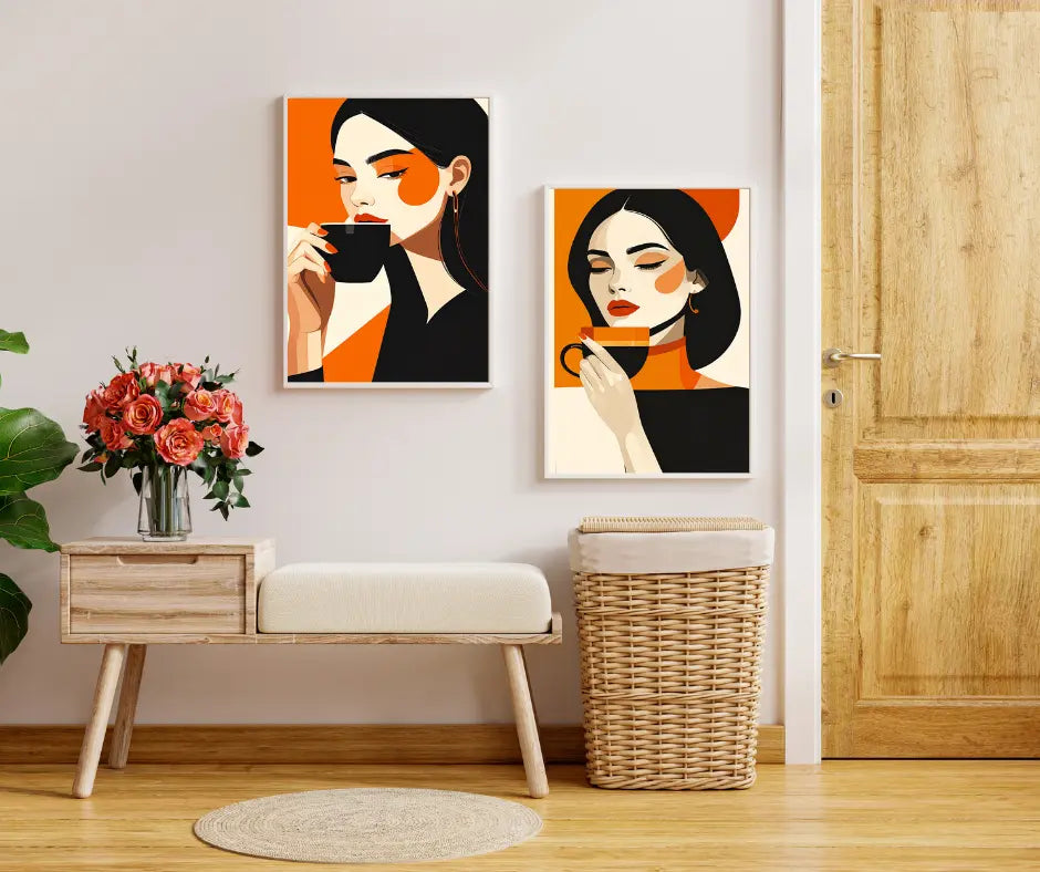 Minimalist abstract female portrait painting with geometric shapes and warm tones