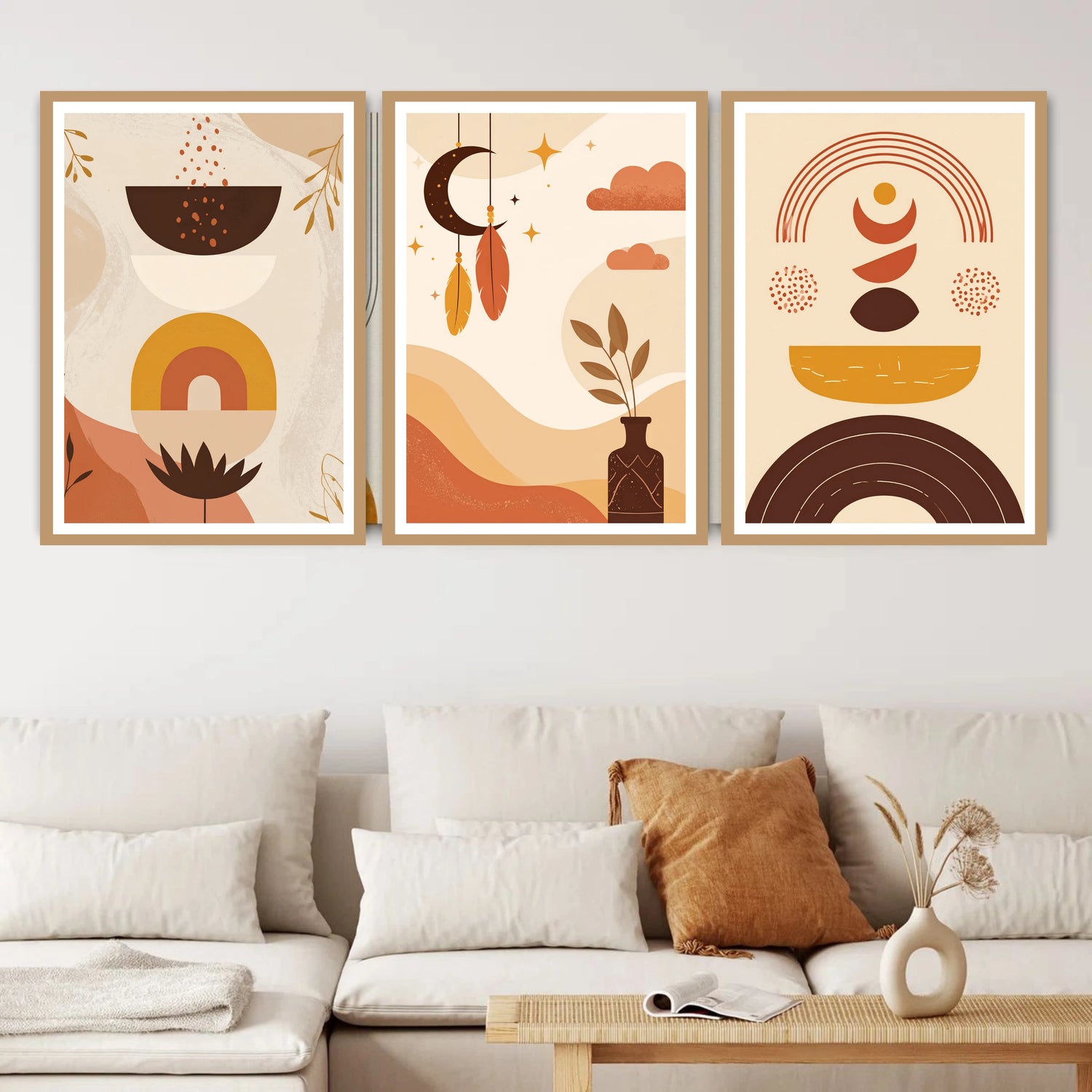 Minimalist boho abstract shapes canvas wall art set of 3 in modern interior