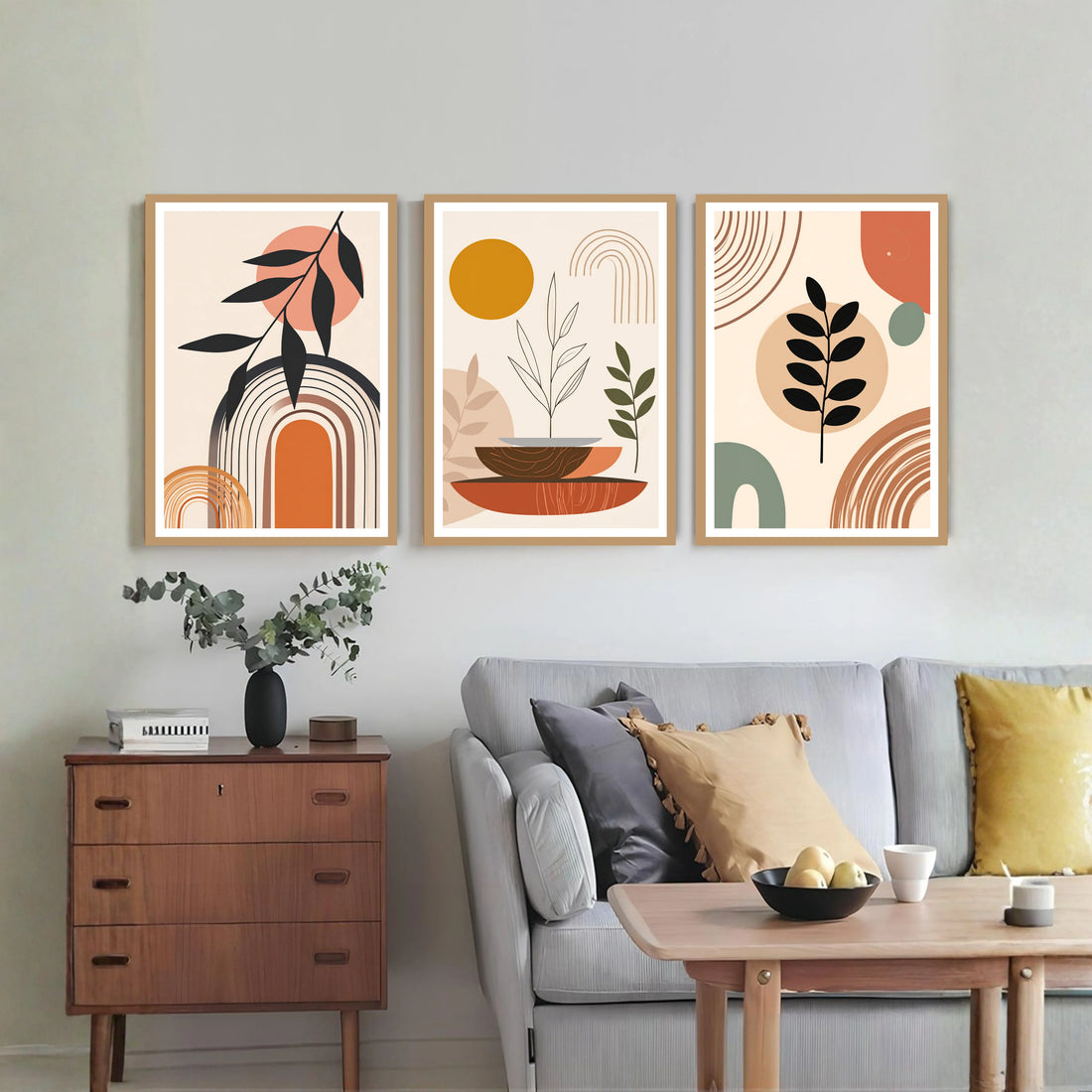 Minimalist boho botanical canvas wall art set of 3 in modern living room