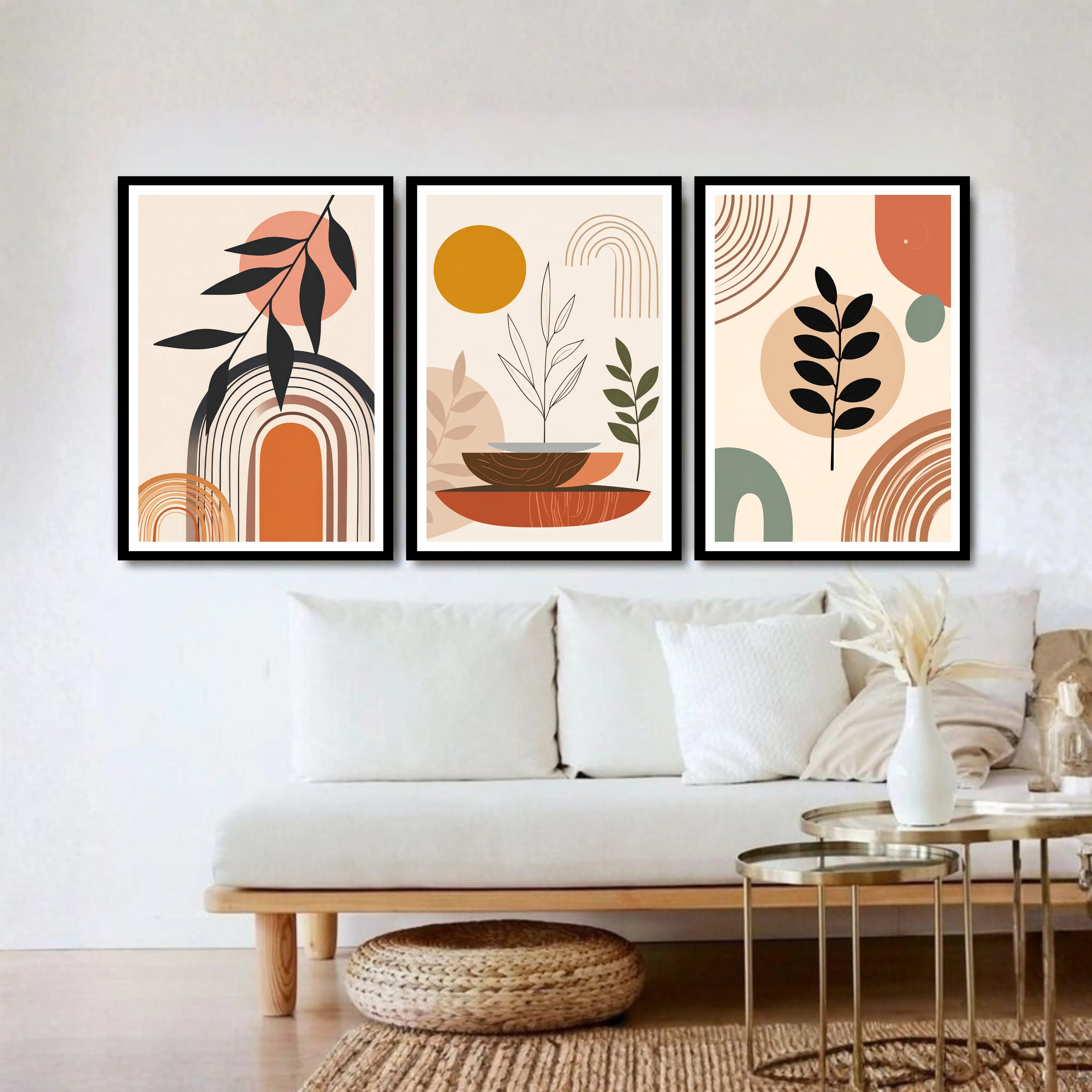 Boho leaf and plant wall art set in contemporary interior