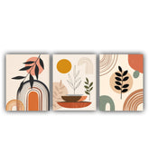 Three abstract art prints with geometric shapes and plants on a beige background.