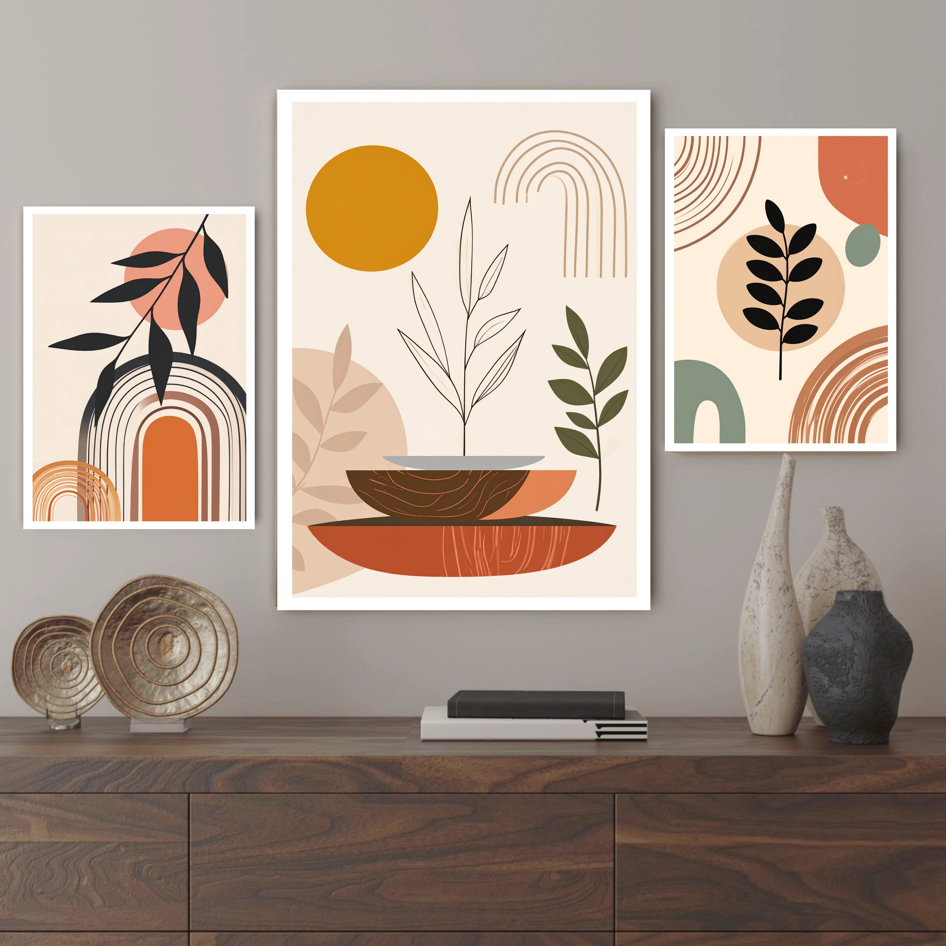 Neutral boho plant abstract canvas wall art three panel set