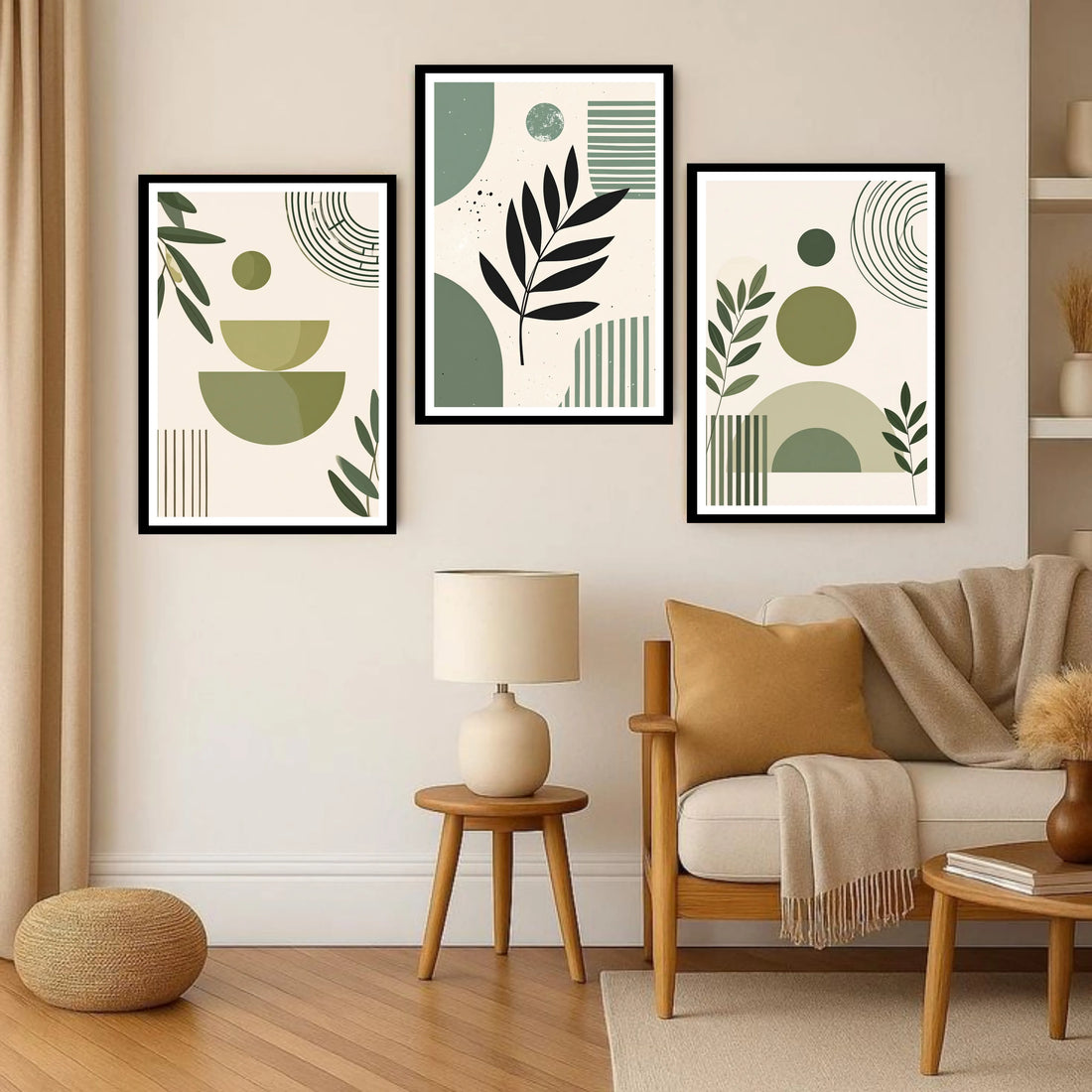 Minimalist botanical abstract wall art set with sage green tones
