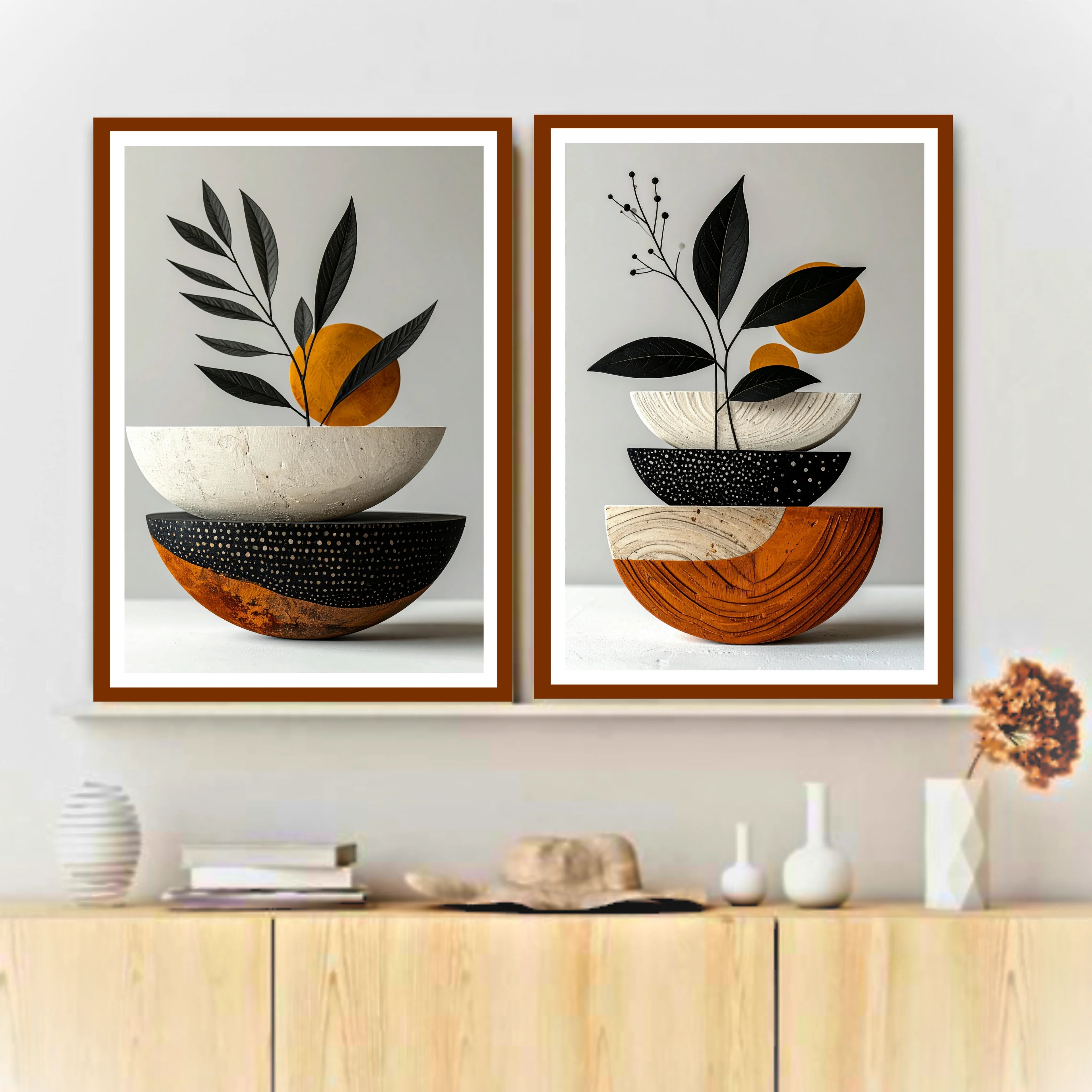 Neutral leaf artwork set for living room wall decor