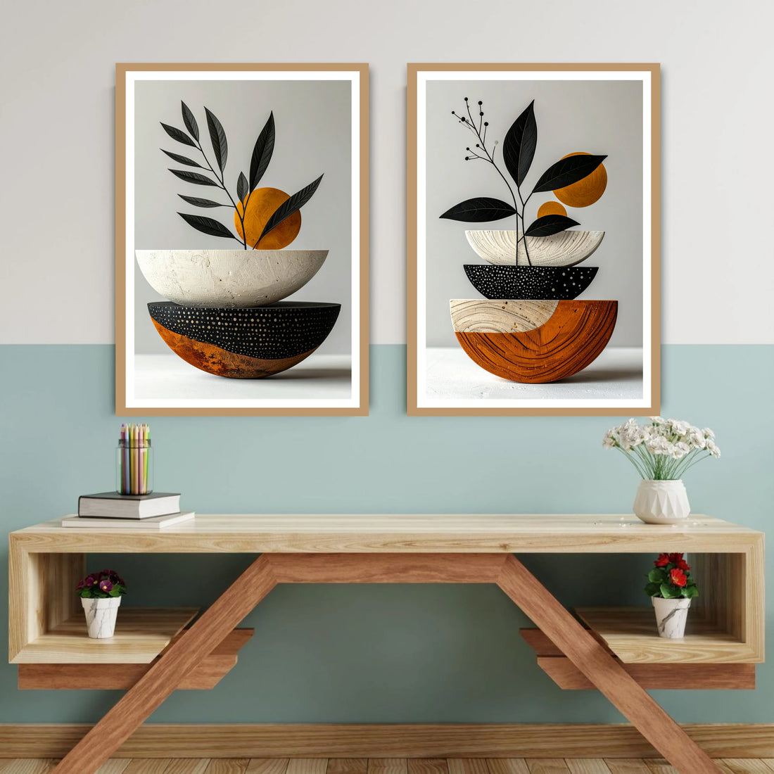 Minimalist botanical leaf wall art set with neutral earthy tones