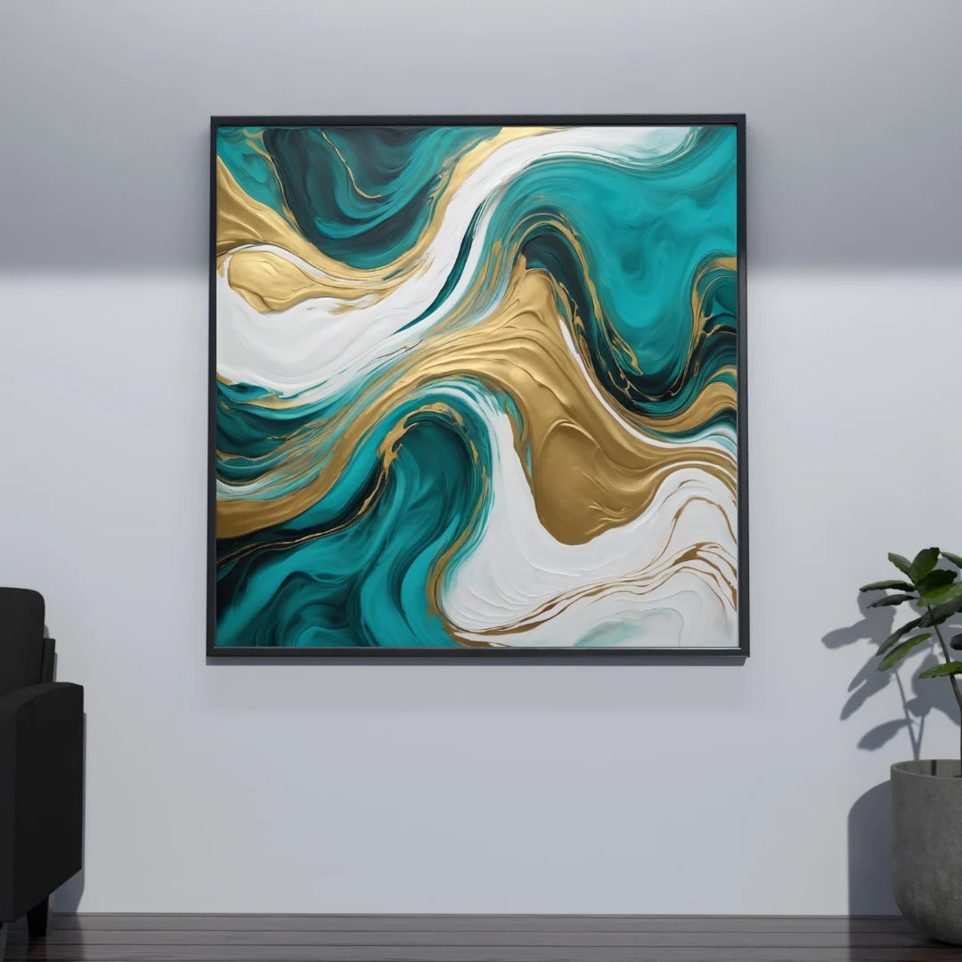 Abstract teal and gold painting framed above a console in a contemporary living room.