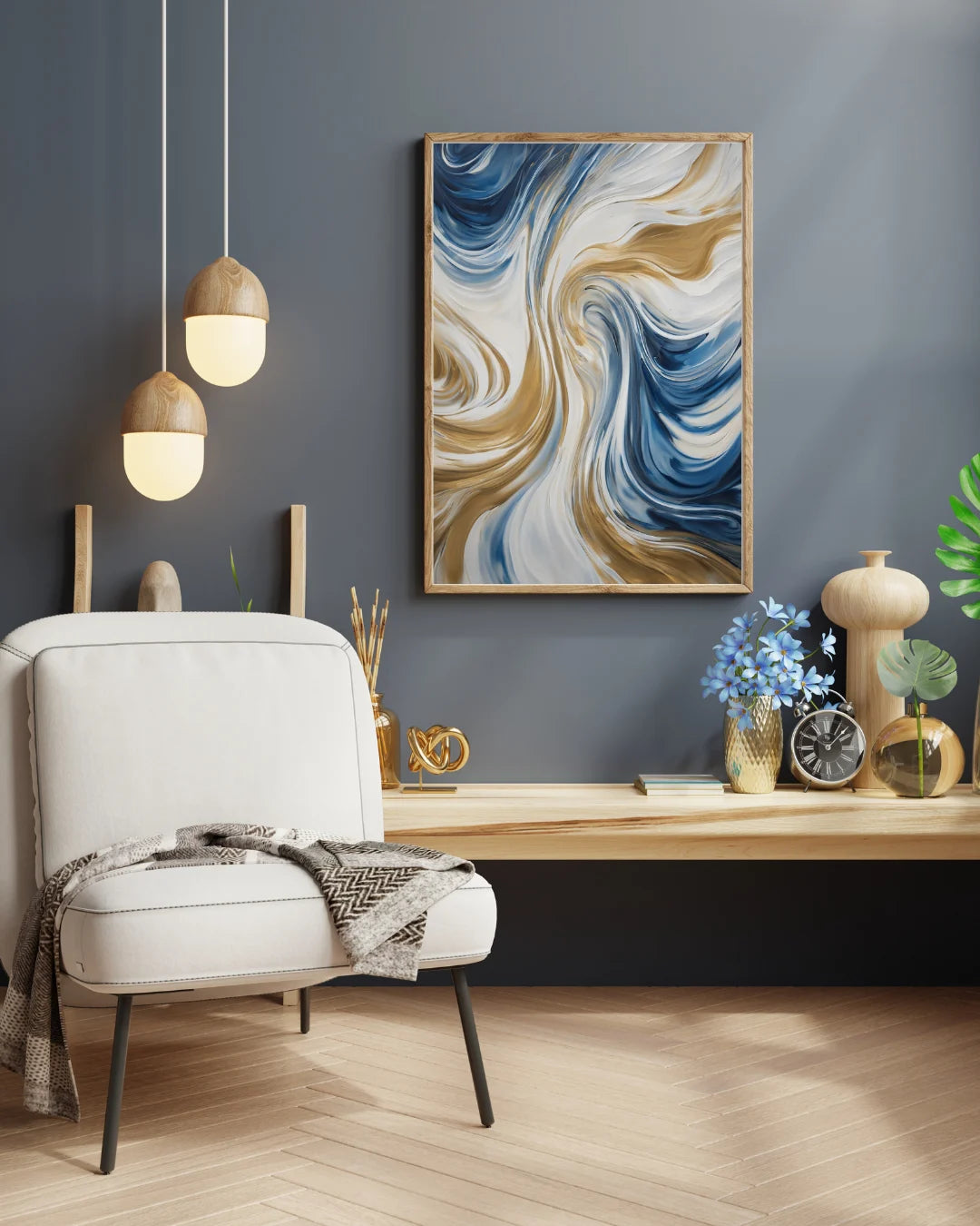 Modern blue and gold abstract wall art hanging above a wooden console in a neutral living space.
