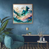 Abstract mountain canvas painting mounted in a modern blue living room interior.