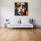 Modern abstract portrait canvas displayed above a sofa in a bright living room interior.