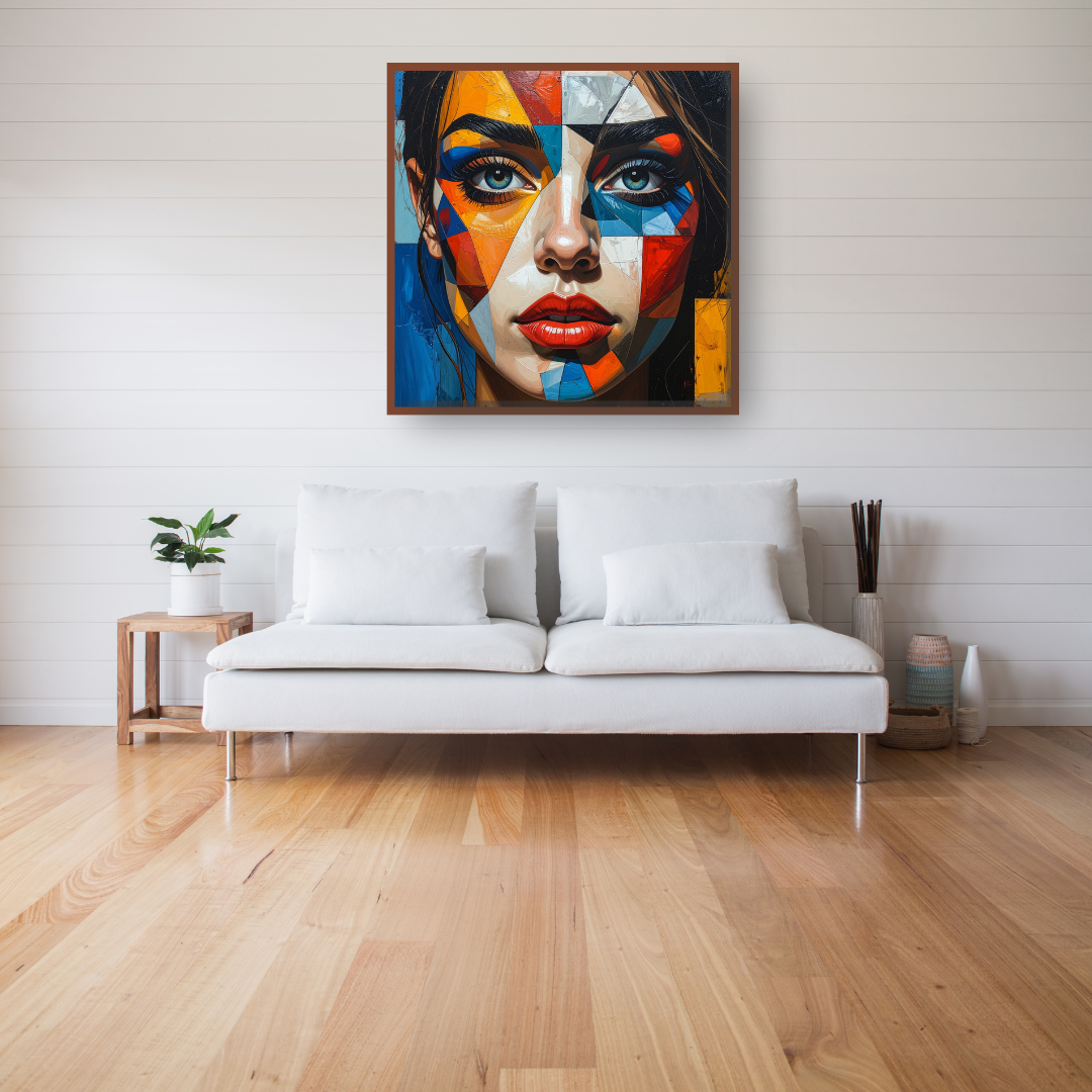 Modern abstract portrait canvas displayed above a sofa in a bright living room interior.