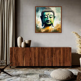 Modern Buddha canvas painting displayed above a wooden sideboard in a contemporary living room.