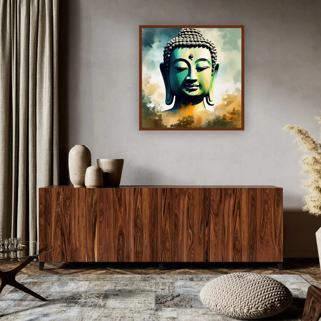 Modern Buddha canvas painting displayed above a wooden sideboard in a contemporary living room.