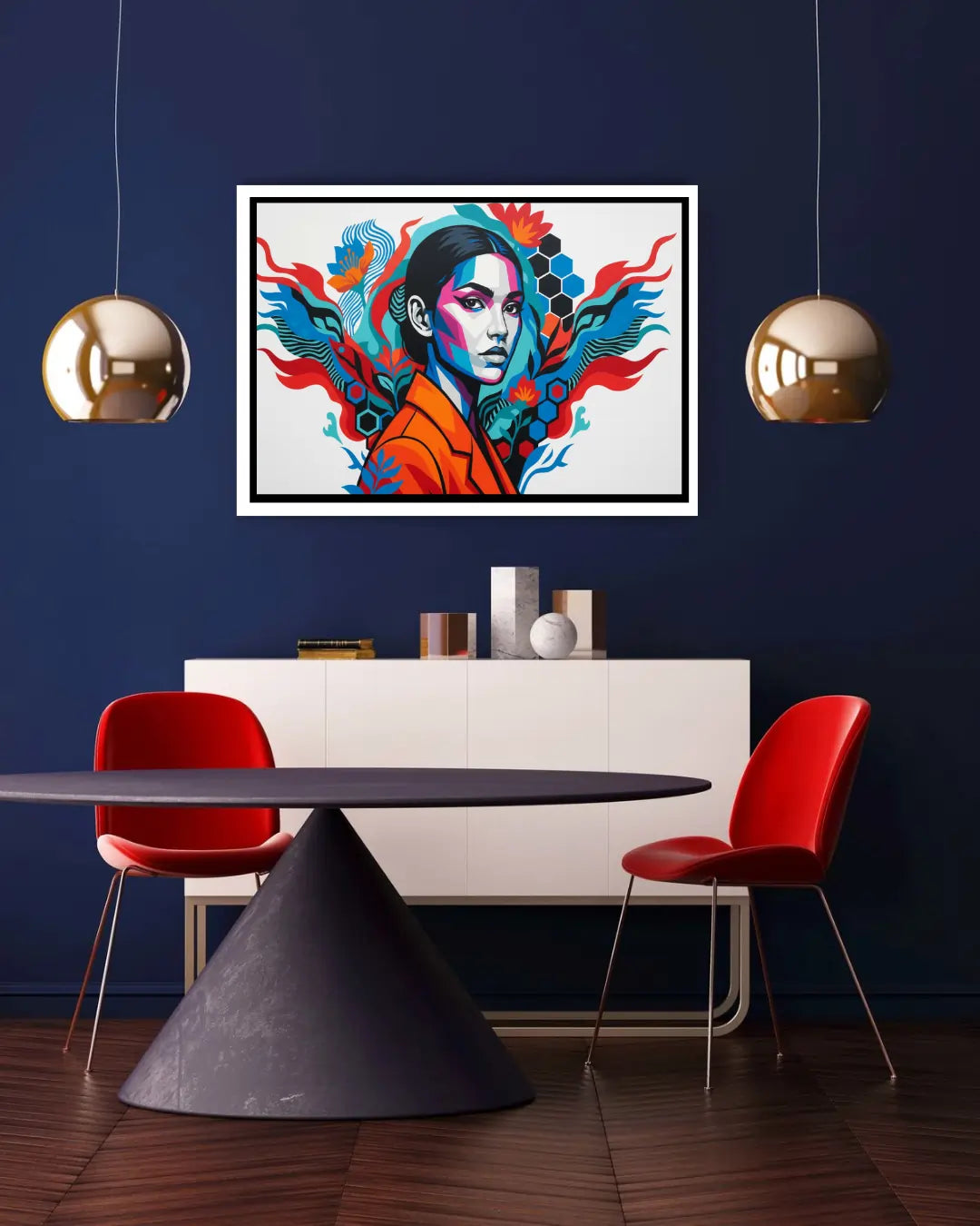 Modern dining room with a colorful abstract painting on the wall, red chairs, and a black table.