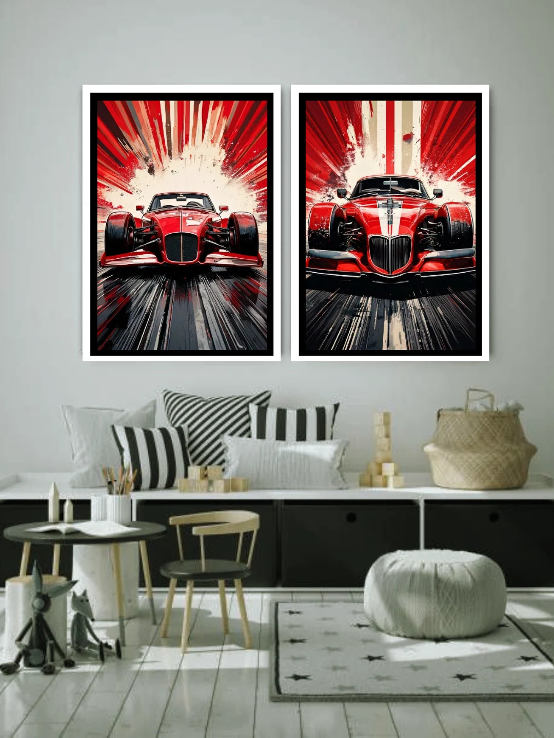 Modern red sports car canvas wall art set of 2 in contemporary interior