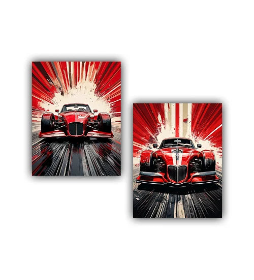 Modern red sports car illustration canvas wall art set of 2