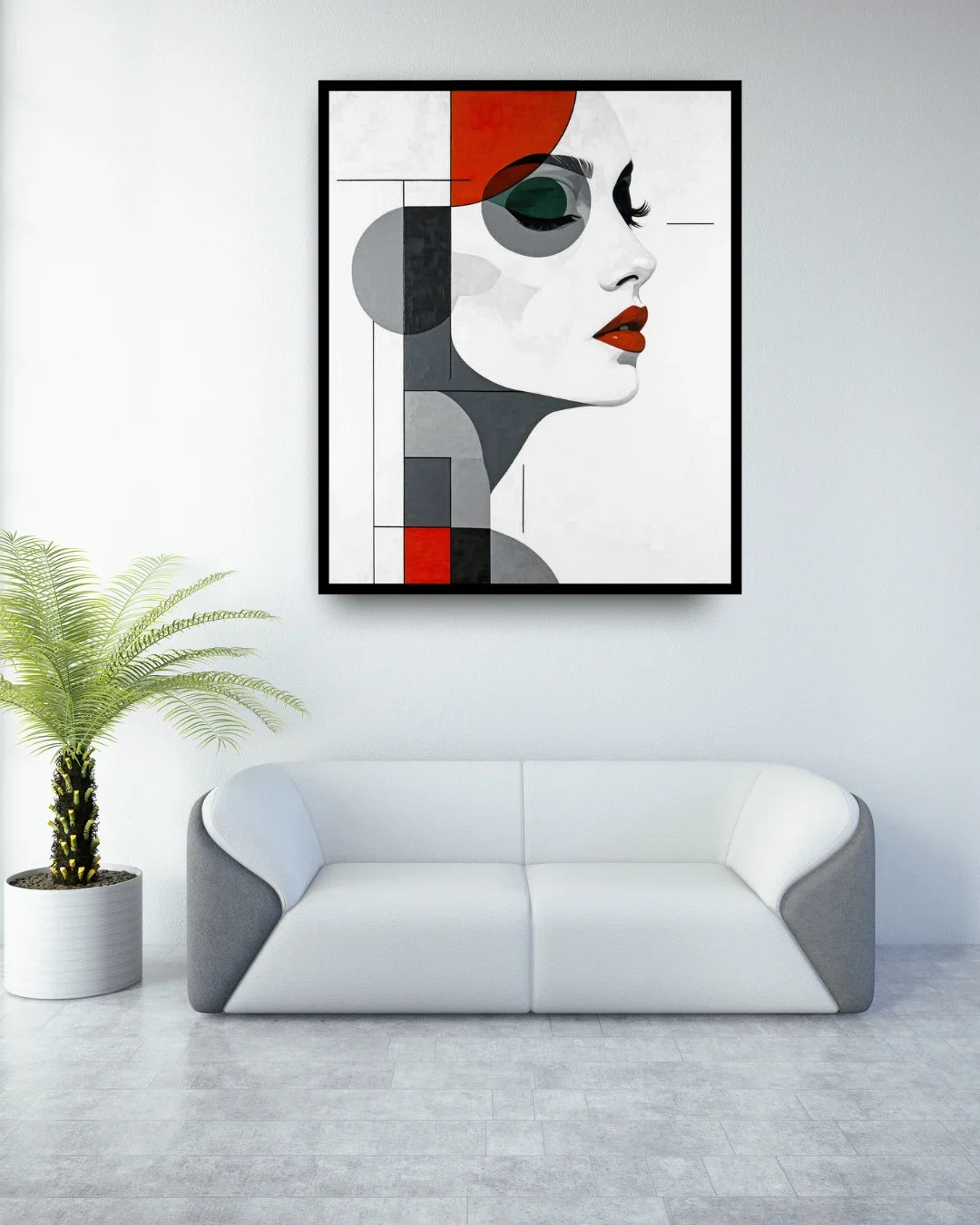 Modern abstract face wall art with geometric shapes for contemporary living room decor
