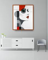 Minimal abstract portrait wall painting in black red and grey tones for modern interiors
