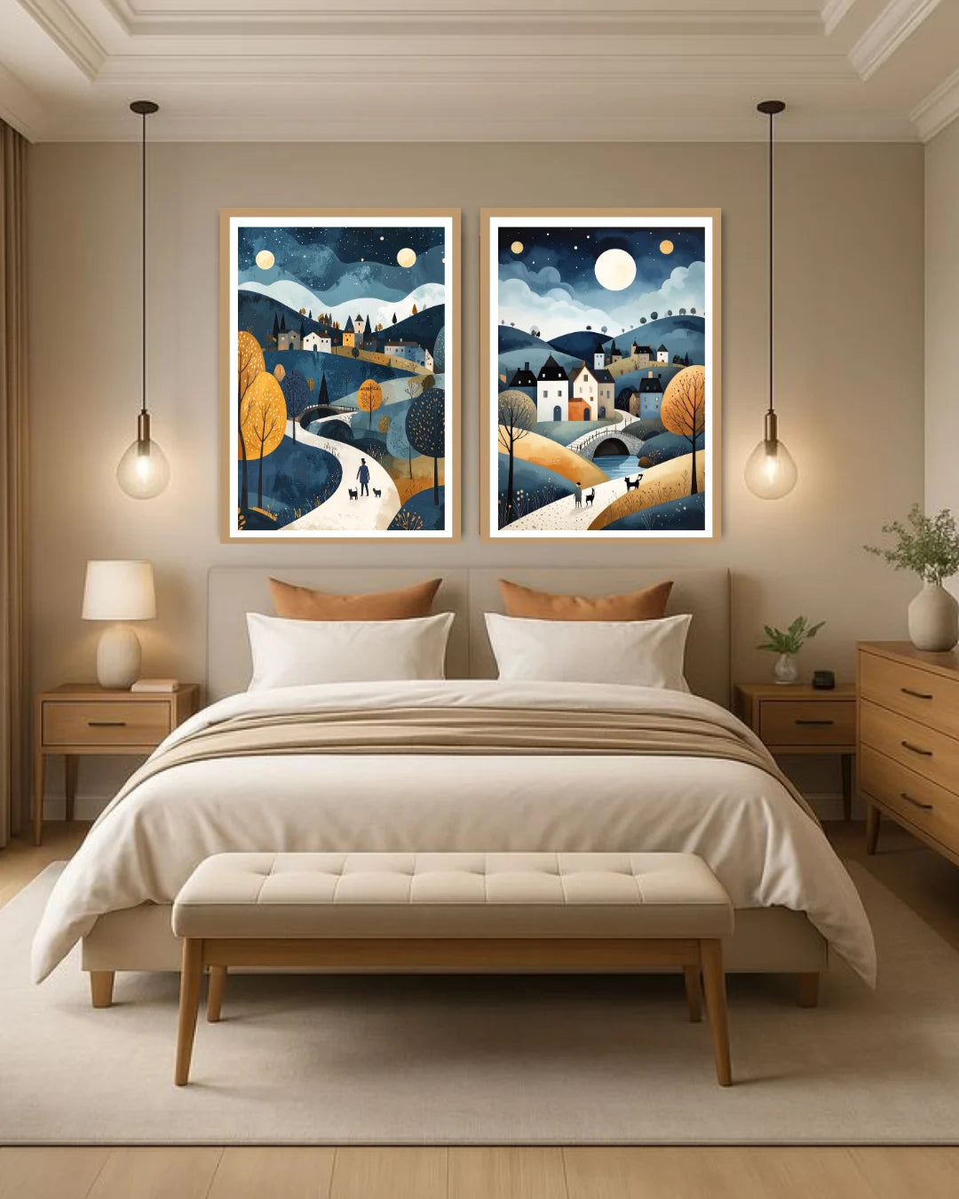 Moon landscape wall art set of 2 above sofa