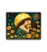 Mystical art print of a woman sleeping in a field of yellow flowers under a large golden moon.