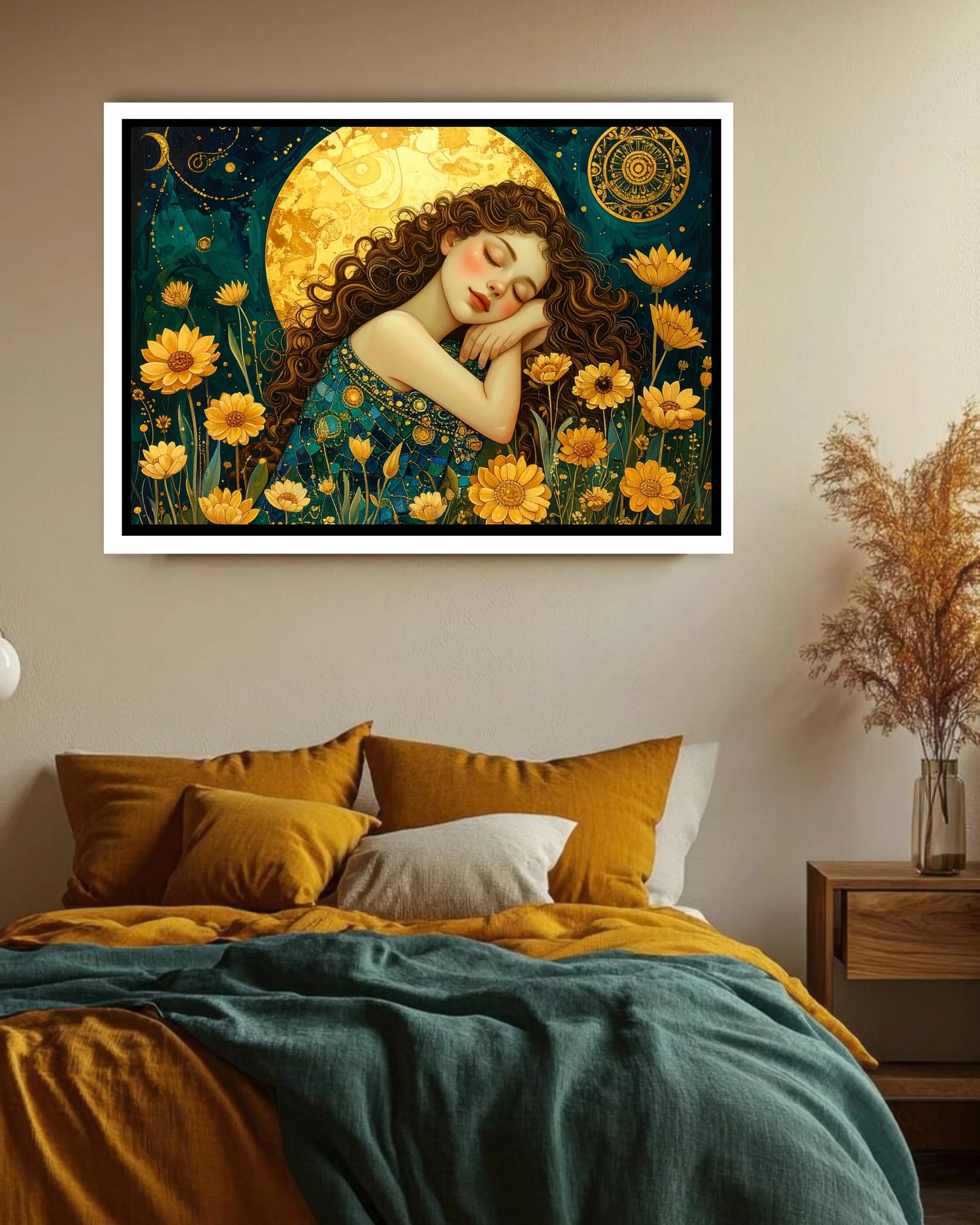Mystical art print of a woman sleeping in a field of yellow flowers under a large golden moon.