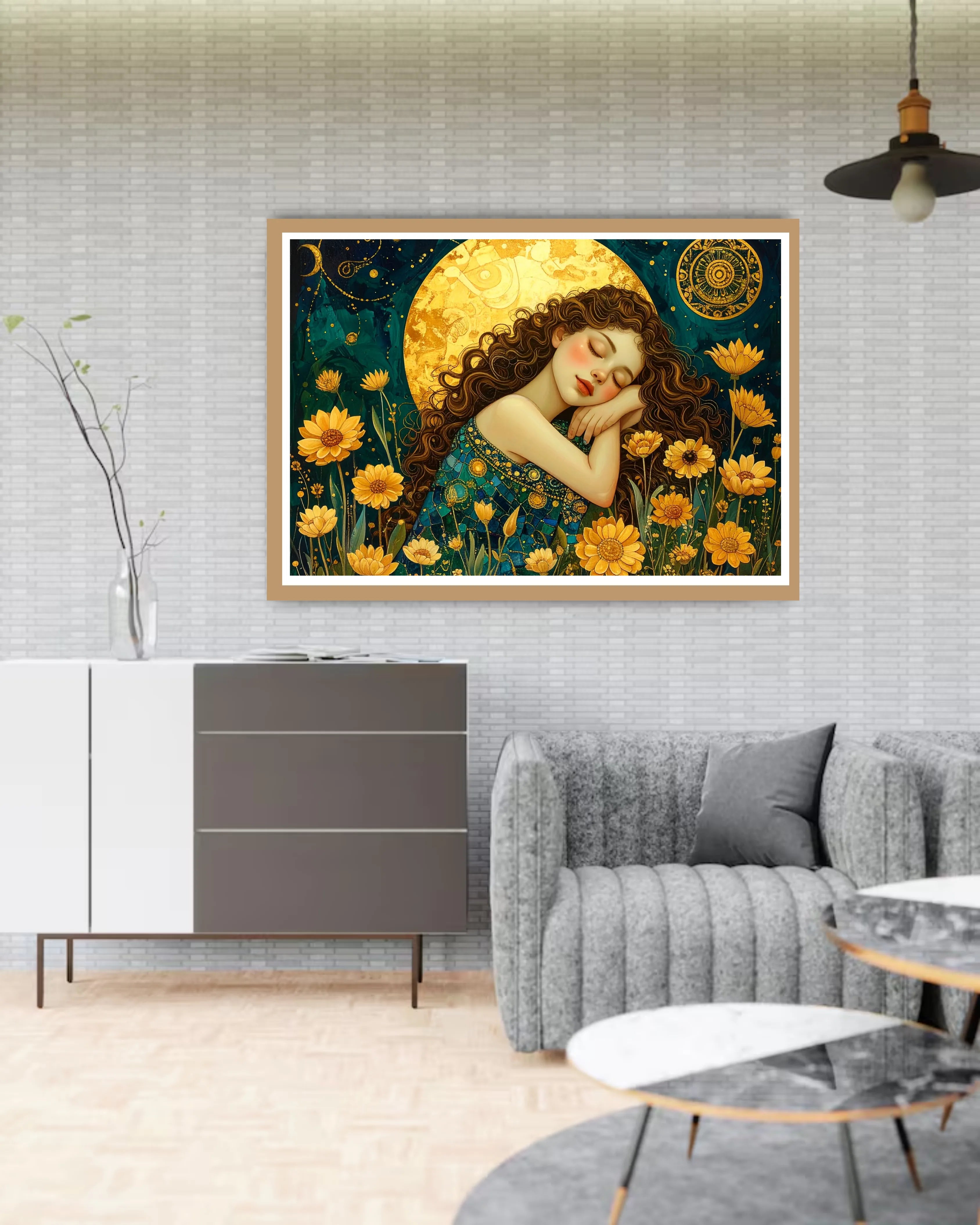 Mystical art print of a woman sleeping in a field of yellow flowers under a large golden moon.