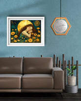 Mystical art print of a woman sleeping in a field of yellow flowers under a large golden moon.