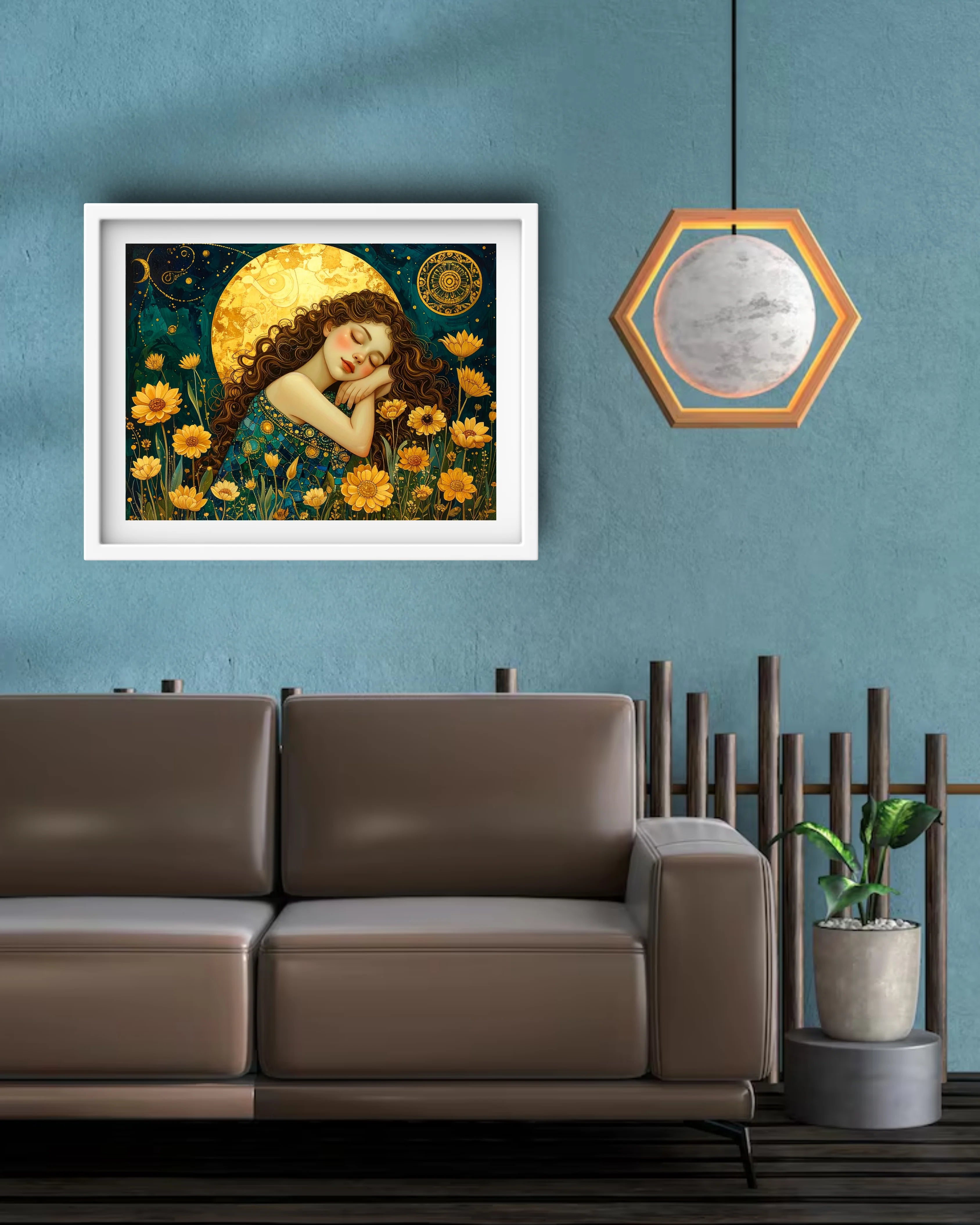 Mystical art print of a woman sleeping in a field of yellow flowers under a large golden moon.