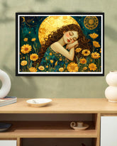 Mystical art print of a woman sleeping in a field of yellow flowers under a large golden moon.