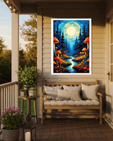 Framed artwork of a forest scene with mushrooms on a porch.