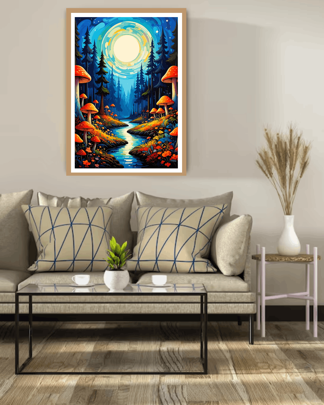 Framed artwork of a forest scene with mushrooms on a wall above a living room sofa.